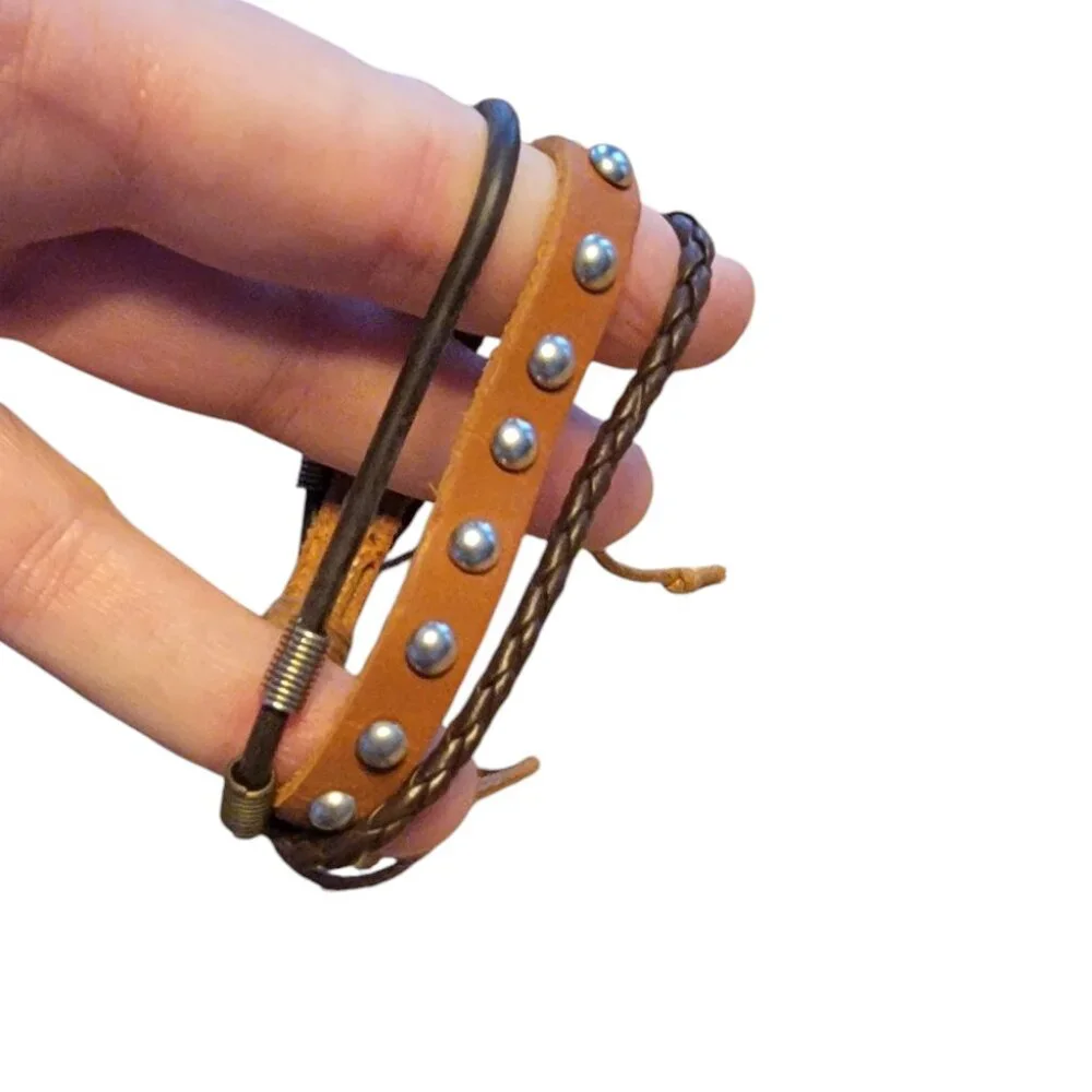 Triple Banded Leather/Corded Boho Metal Stud Adjustable Bracelet